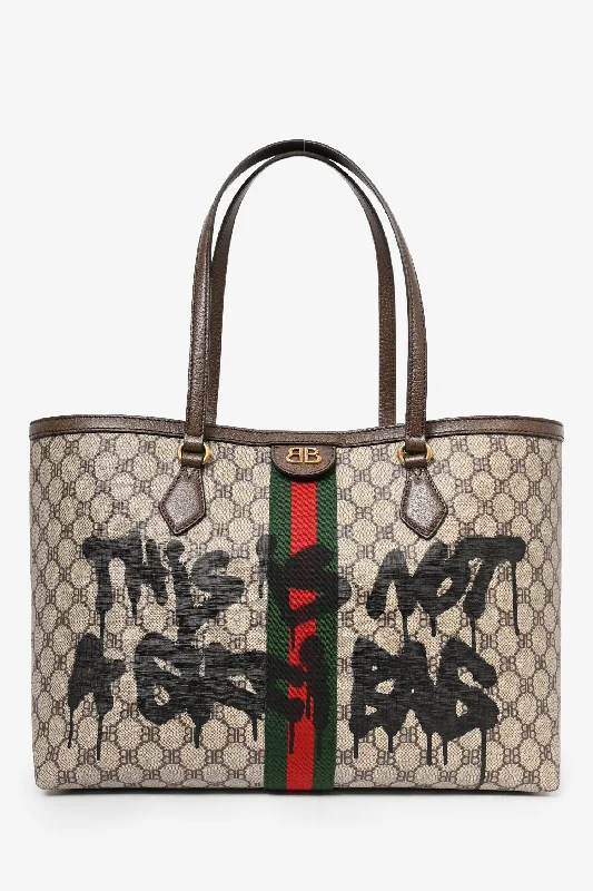 Cozy Handbags With Clearance Prices Gucci X Balenciaga Brown BB Supreme Ophidia 'This is Not a Gucci Bag' Printed Shopping Tote