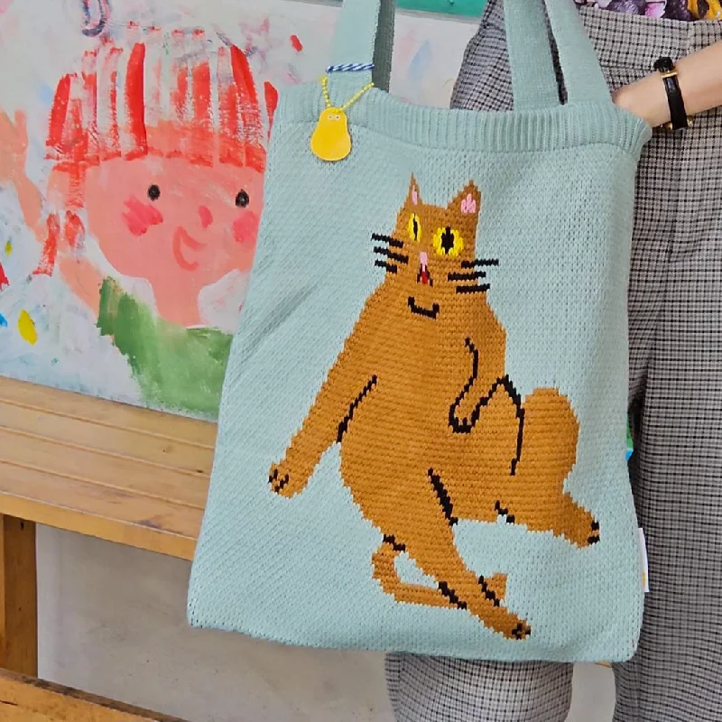Trendy Bags For Sales Knitted Tote Bag Sitting Fat Cat