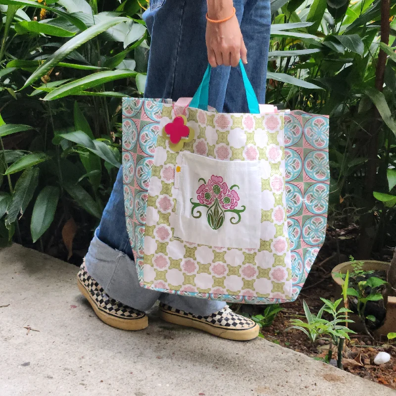 Edgy Bags For Bold And Daring Fashionistas Peranakan Tile Printed Beach Bag - Pink & yellow