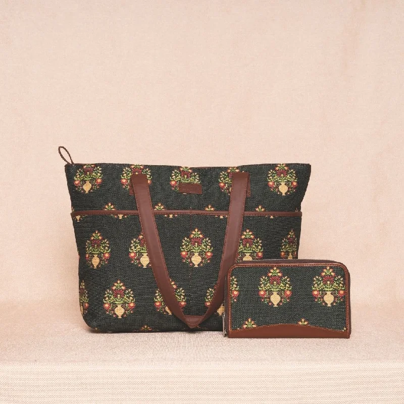 Designer-Inspired Bags At Budget-Friendly Prices Royal Green Mogra Print- Tote Bag & Chain Wallet Combo