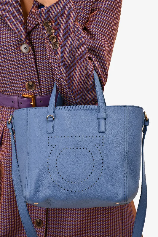 Party Bags For New Year's Eve And Special Occasions Salvatore Ferragamo Blue Grained Leather Perforated Mini 'Marta' Tote with Strap