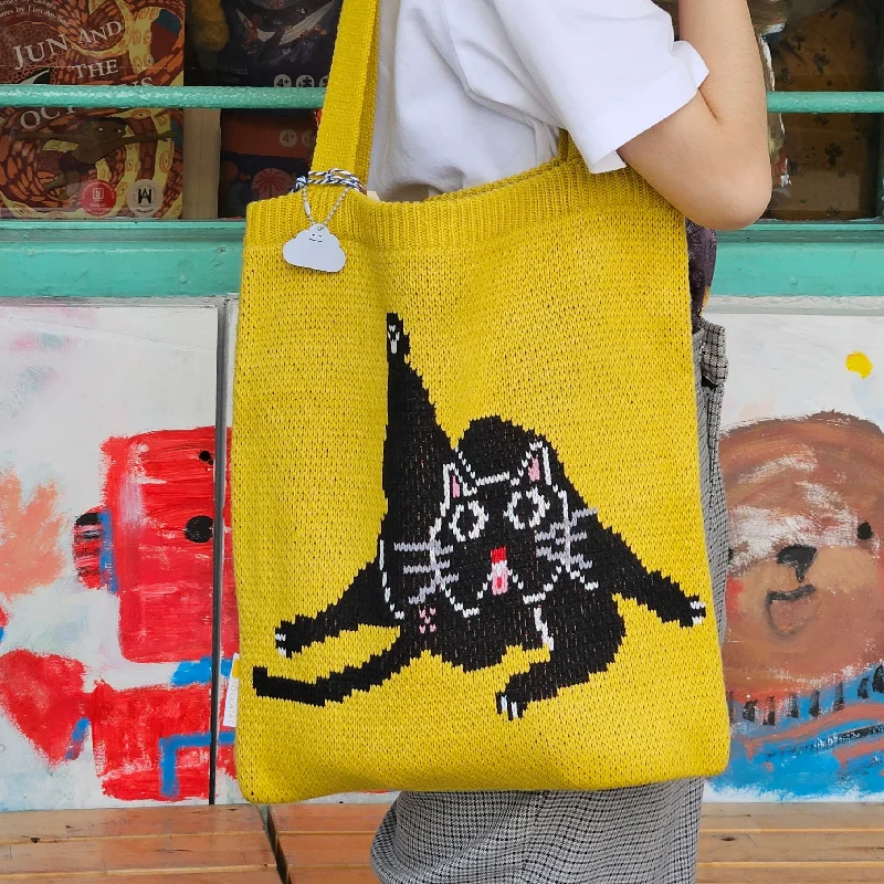 Eco-Friendly Bags With Discounts Knitted Tote Bag Grooming Cat