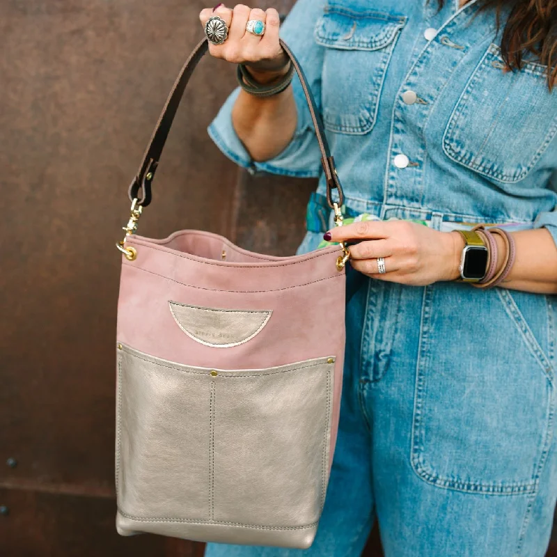 Designer Bags For Luxury Collectors With Offers Urban Edge Collection | Train Shoulder Tote + Crossbody | Distressed Pink Jade + Champagne Steel