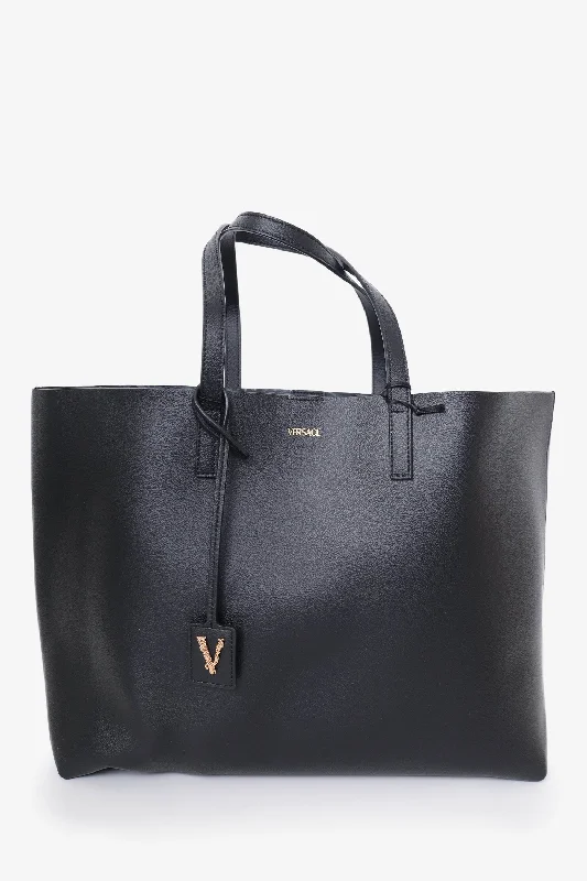 Cyber Monday Discounts On Bags Versace Black Leather Virtus Logo Detailed Tote Bag with Pouch