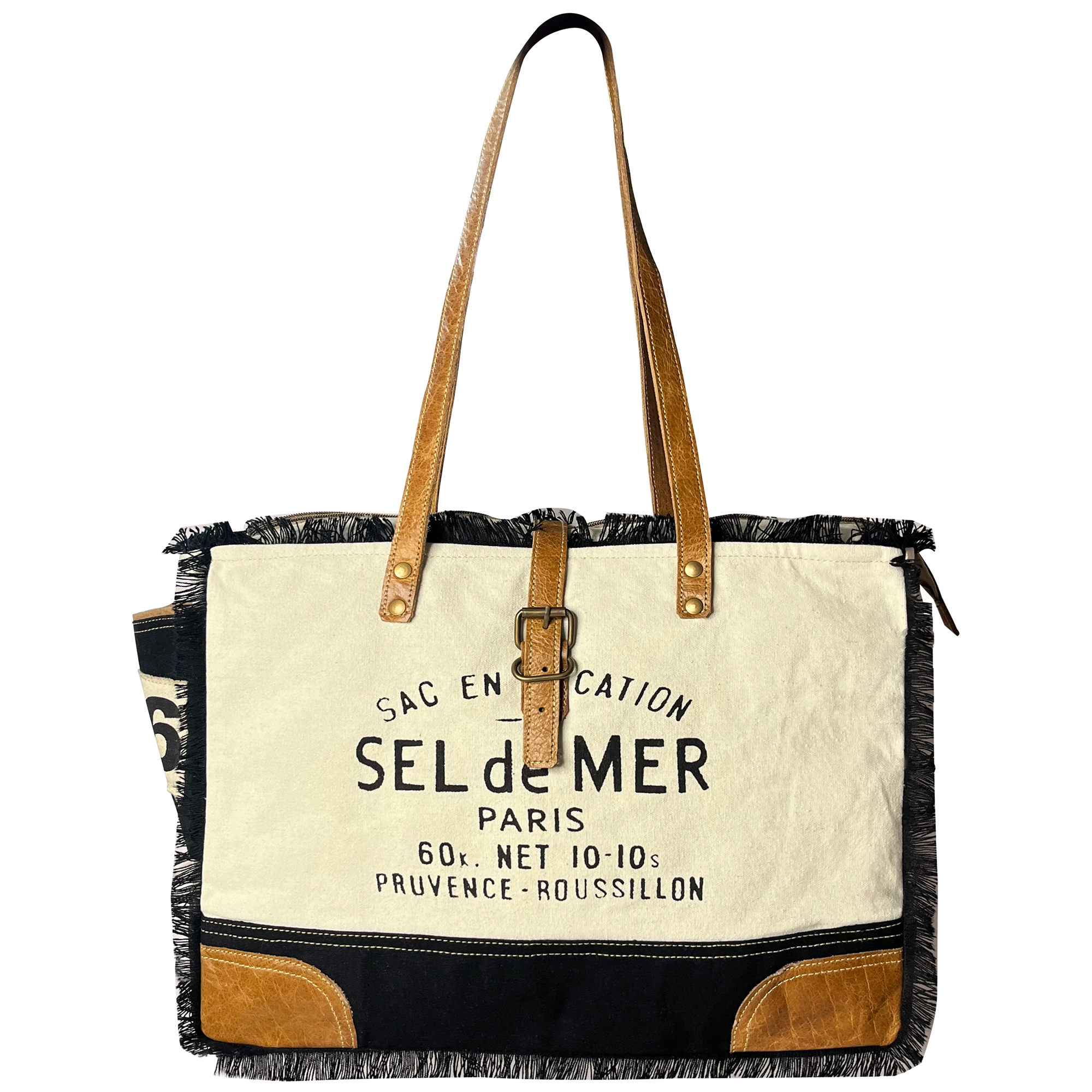 Clearance-Priced Bags Leather Canvas Tote Bag for Women - Sel de Mer French-Inspired Shoulder Bag, Black