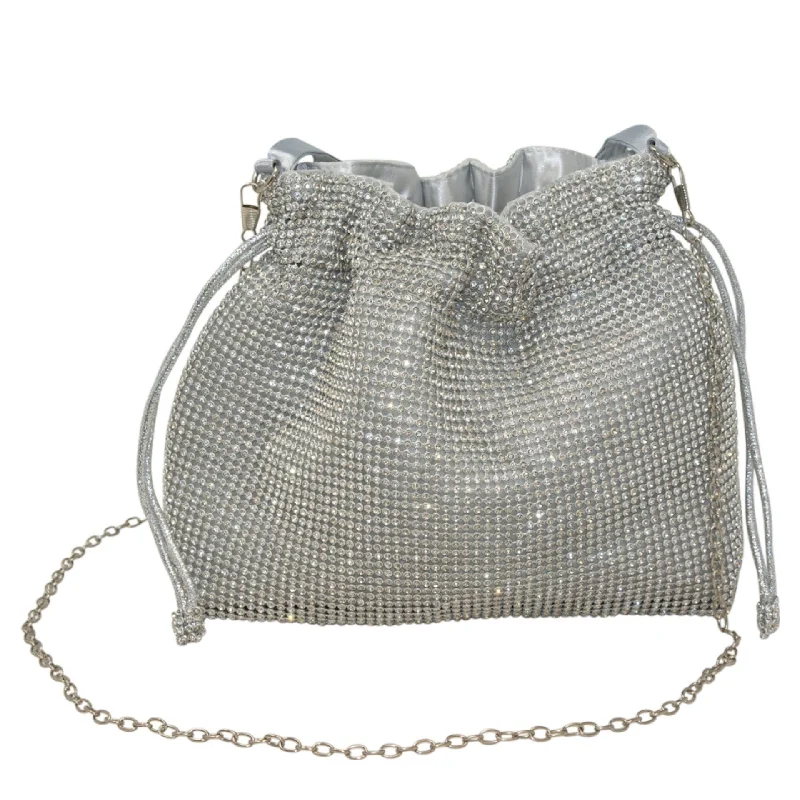 Bags For Free-Spirited And Artistic Styles Sparkly Diamante Silver Draw String Shoulder Bag perfect eye-catching Silver handbag Gift Present Wedding Party Valentines Gift For Her