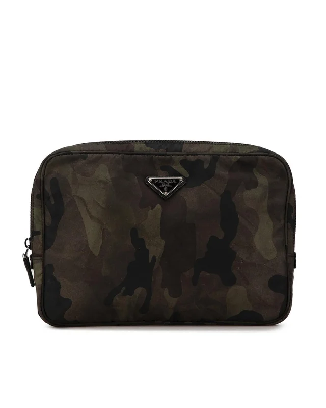 Luxury Bags With Premium Materials And Craftsmanship Nylon Camouflage Canvas Clutch Bag with Triangle Logo Plate