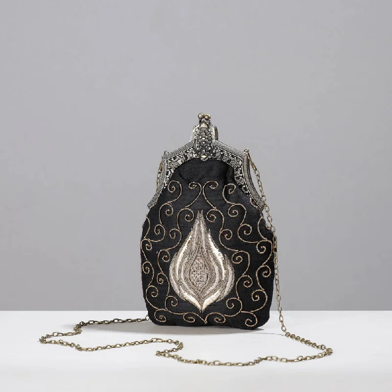 Romantic Valentine's Day Bags With Promotions Black - Lucknow Zardozi Hand Embroidered Raw Silk Clutch