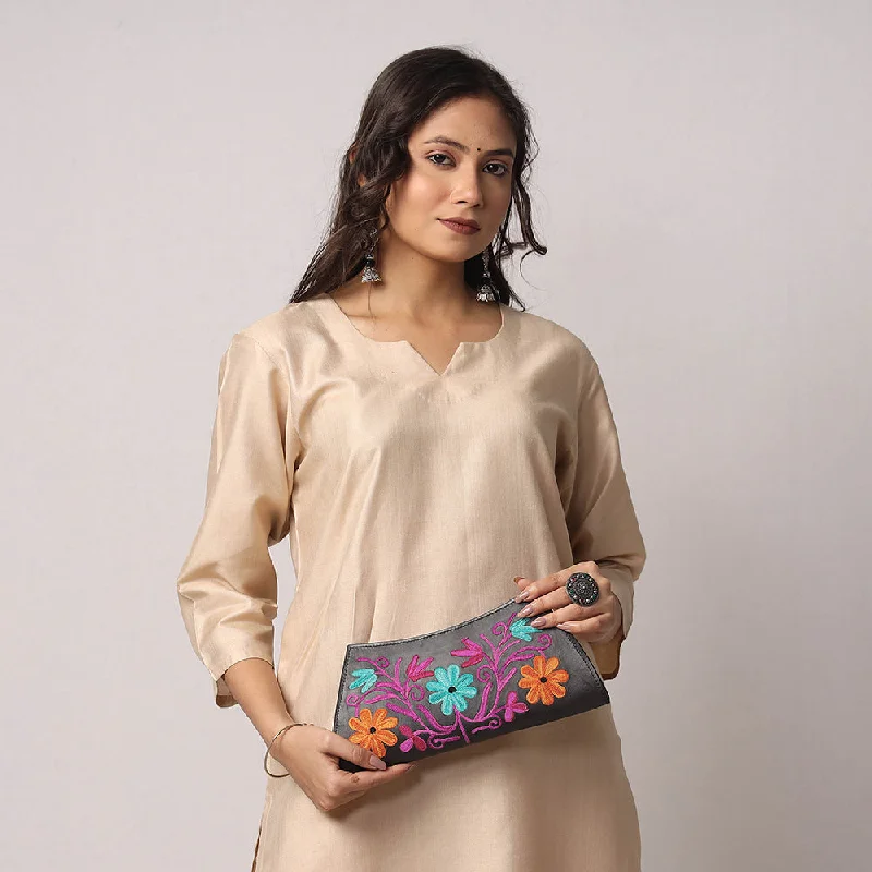 Genuine Bags On Clearance Sale Grey - Original Chain Stitch Embroidery Leather Clutch