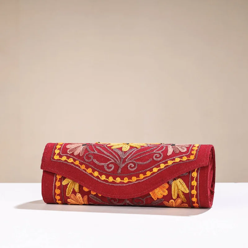 Bags For Minimalist And Functional Design Maroon - Original Chain Stitch Crewel Embroidery Velvet Clutch