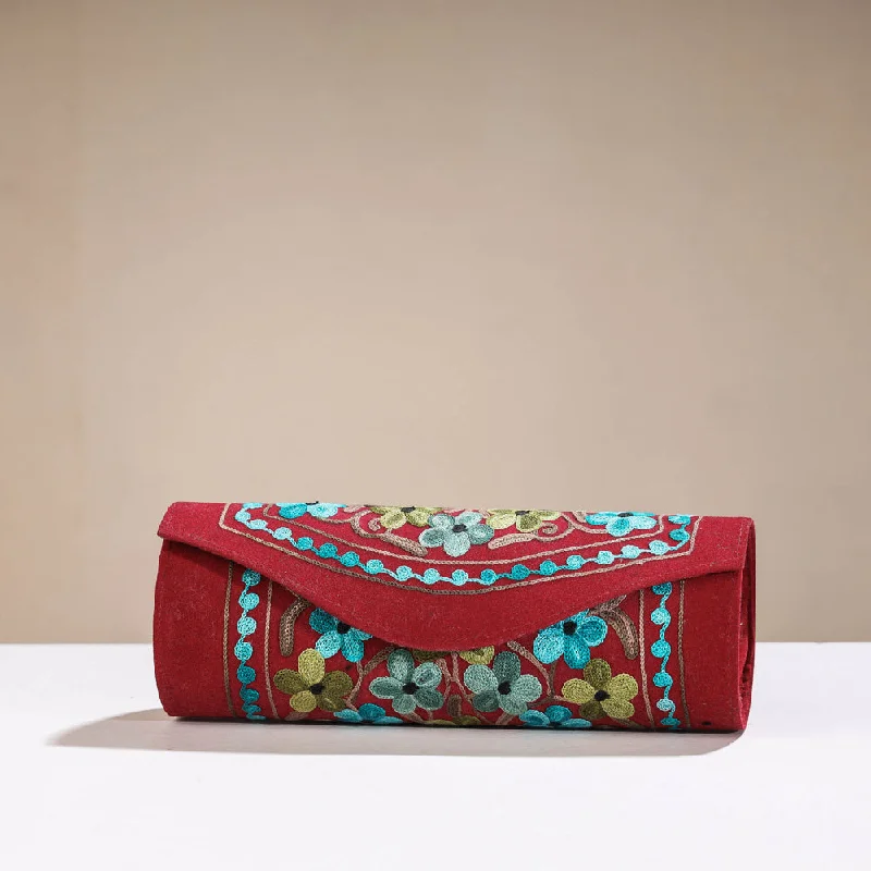 Edgy Bags For Bold And Daring Fashionistas Red - Original Chain Stitch Crewel Embroidery Velvet Clutch