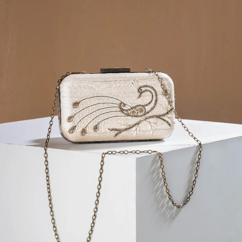 Chic Bags For Office Professionals And Urban Dwellers White - Zardozi Hand Embroidered Tussar Silk Clutch/Sling Bag