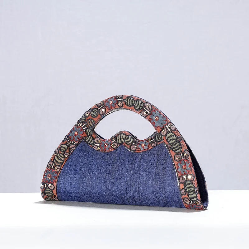 Flash Sale On Premium Bags Blue - Handpainted Kalamkari Natural Dyed Ghicha Silk Hand Clutch Bag