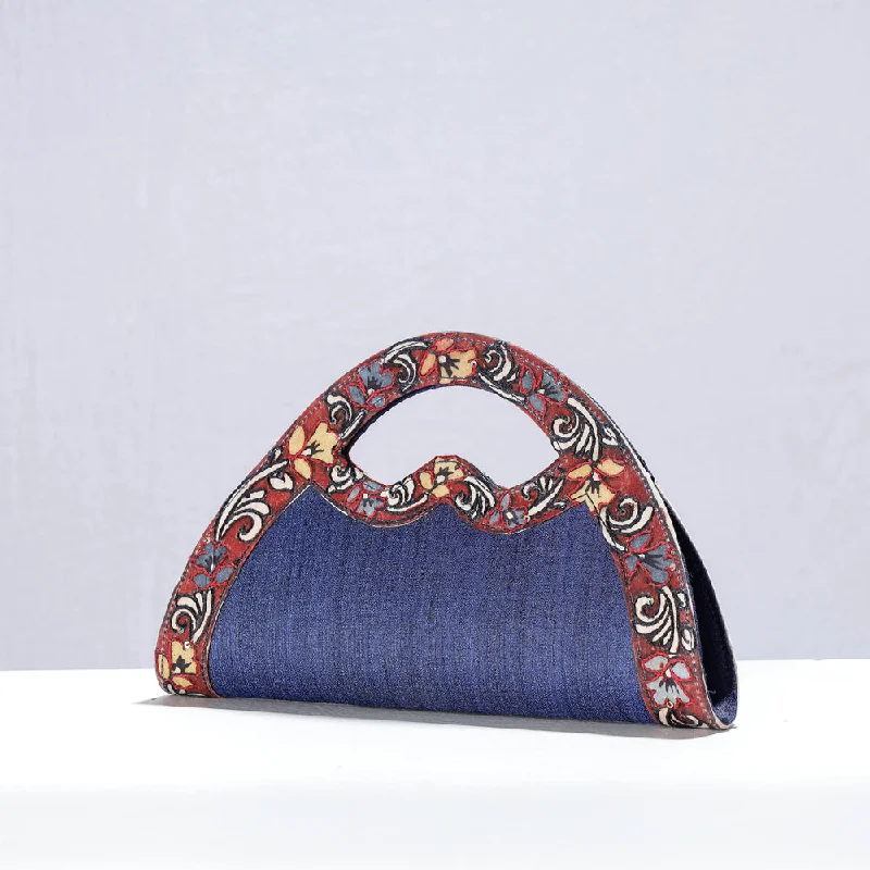 Stylish Bags With Discounts Blue - Handpainted Kalamkari Natural Dyed Ghicha Silk Hand Clutch Bag