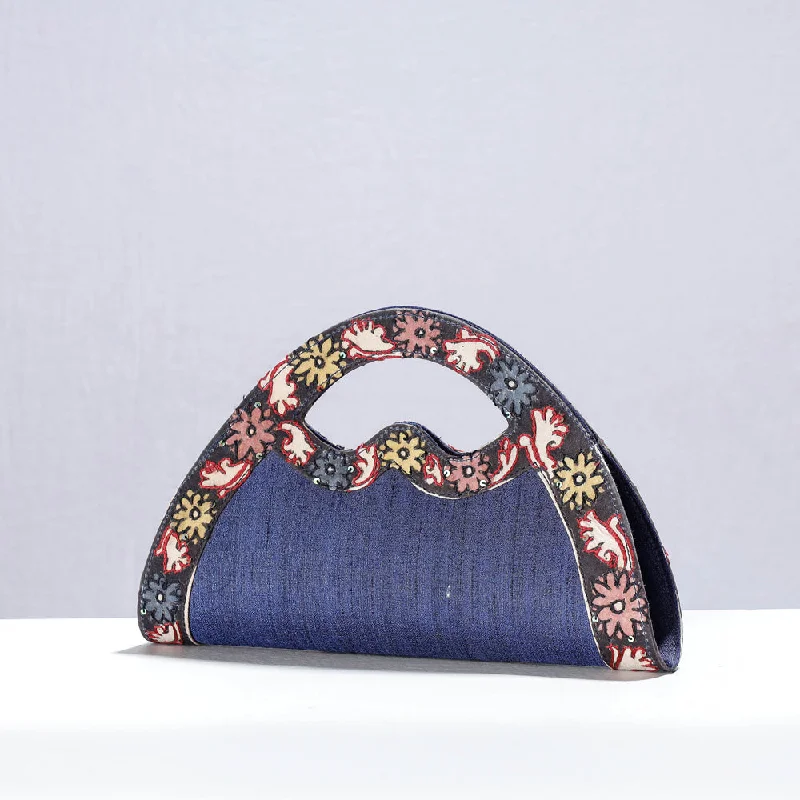 Clearance-Priced Bags Blue - Handpainted Kalamkari Natural Dyed Ghicha Silk Hand Clutch Bag