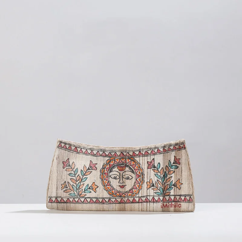 Everyday Bags For Work, School, Or Errands Beige - Madhubani Handpainted Tussar Silk Clutch