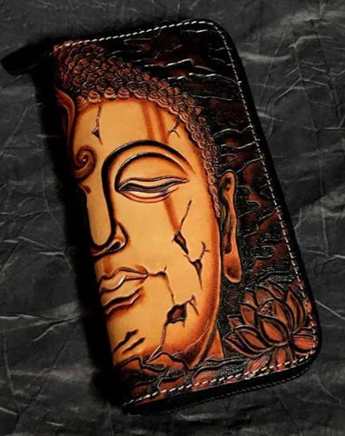 Customizable Bags For Personalized Style Badass Black Leather Men's Clutch Wallet Buddha Handmade Tooled Zipper Long Wallets For Men