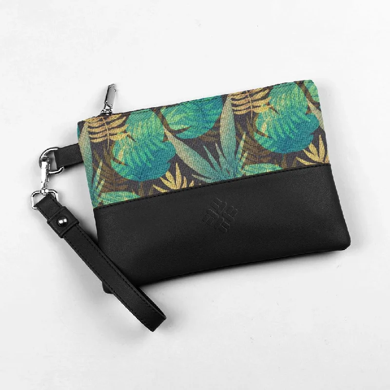 Chic Bags For Office Professionals And Urban Dwellers Black Toiletry Pouch Green Leafs