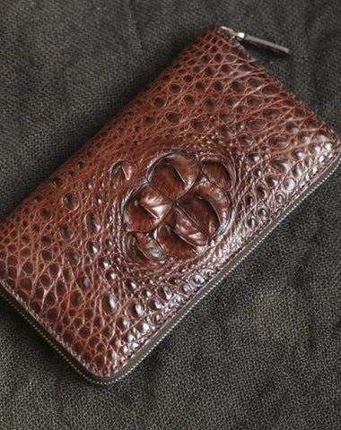 Trendy Bags For Sales Brown Crocodile Leather Mens Black Zipper Bifold Long Wallet Black Clutch Wallet For Men