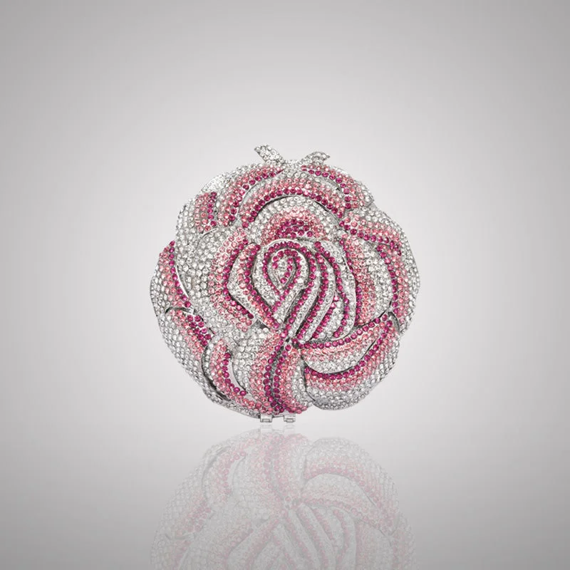 Flash Sale On Premium Bags harming Pink and Silver Rose Swarovski Crystal Clutch | C920
