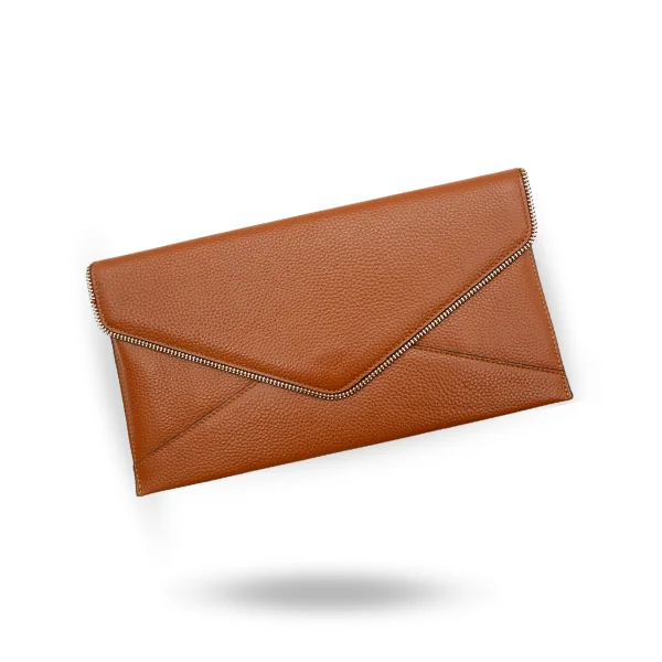 Festive Holiday Gift Bags CASTLECRAG - Brown Genuine Pebbled Leather Clutch with Zipper Detailing