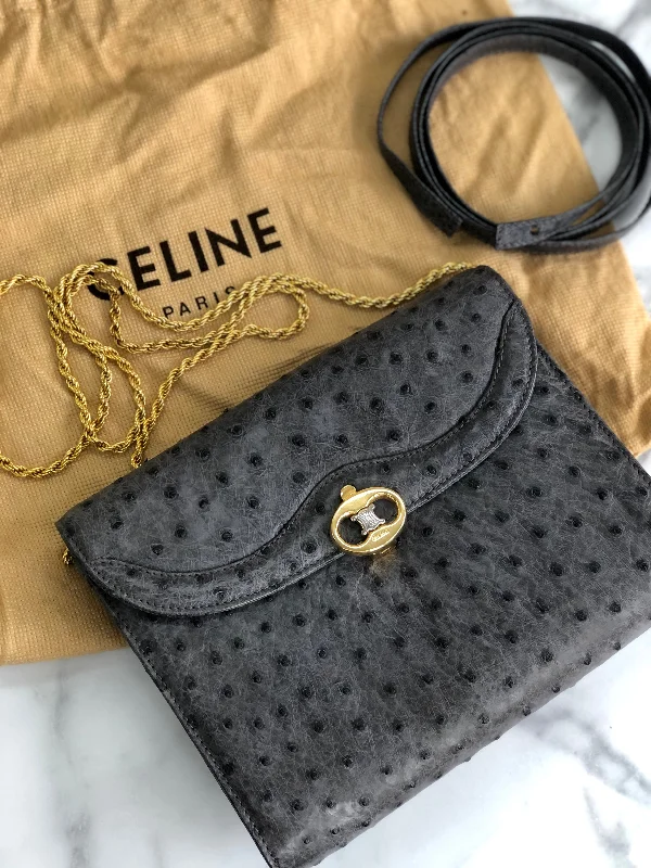 Black Friday Deals On Stylish Handbags CELINE Blason Triomphe Ostrich Two way Chain Shoulder Bag Clutch bag Gray Old Celine Vintage vybyhv