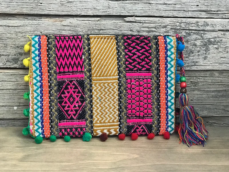 Seasonal Clearance Bags For Summer, Winter, Etc. Clutch - woven tribal pompoms