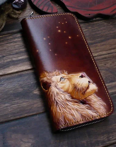 Bags With Limited-Time Deals Dark Coffee Handmade Tooled Lion Leather Mens Bifold Long Wallet Zipper Clutch For Men Bags With Limited-Time Deals Dark Coffee Handmade Tooled Lion Leather Mens Bifold Long Wallet Zipper Clutch For Men