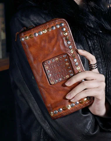 Office Professionals Genuine Leather Mens Cool Long Leather Wallet Biker Wallet Zipper Clutch Wallet for Men