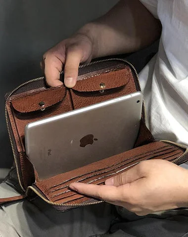 Minimalist Leather Bag For Modern Aesthetics Handmade Black Leather Mens Bifold Wristlet Wallet Brown Clutch Wallet IPAD Bag Clutch Purse Men