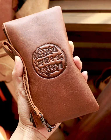 Trendy Bags Vintage Black Leather Mens Phone Wallet Clutch Bag Wristlet Bag Zipper Long Wallet For Men