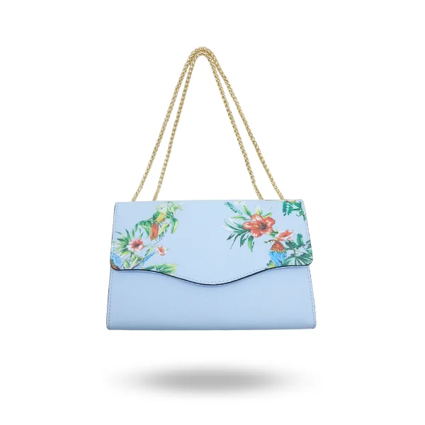 Glamorous Bags For Evening Events And Parties IVANHOE - Addison Road Blue Leather Clutch Bag with Tropical Print