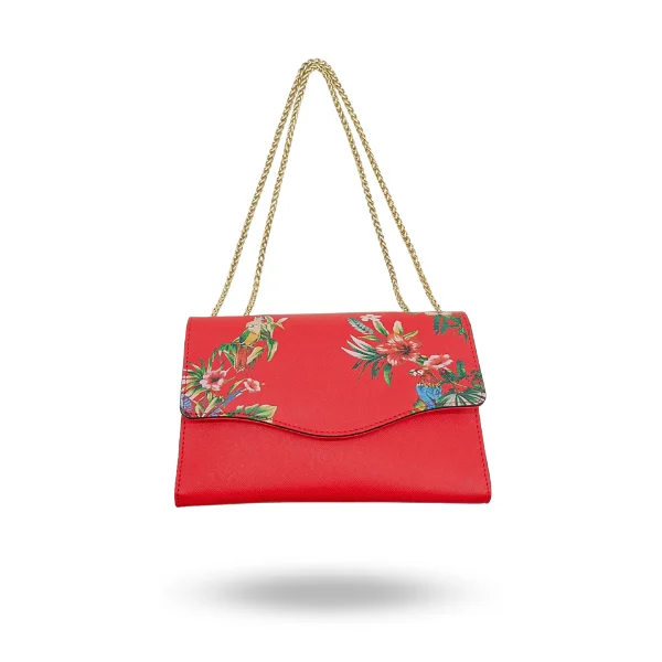 Bags For Free-Spirited And Artistic Styles IVANHOE - Addison Road Red Leather Clutch Bag with Tropical Print