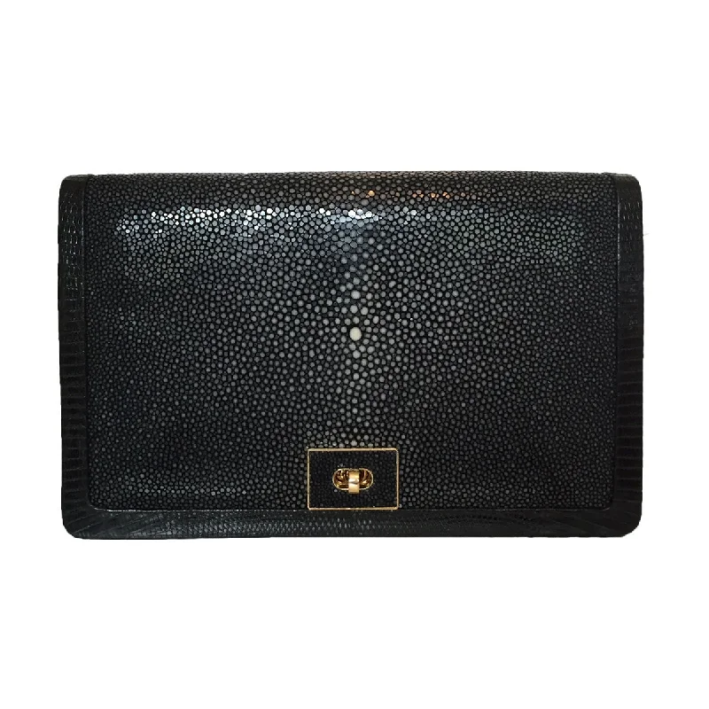 Designer Bags For Luxury Collectors OLA (Large) Black Stingray and Lizard Cross Body Clutch Bag