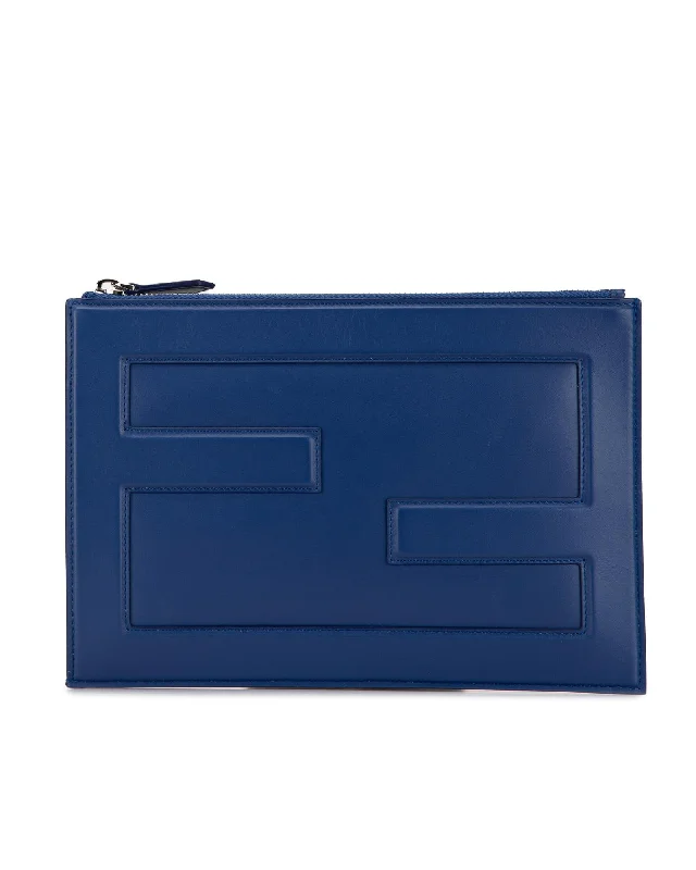 Chic Bags For Office Professionals And Urban Dwellers Fendi FF Karligraphy Clutch Blue Leather