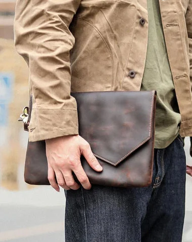 Vintage-Inspired Vintage Business Leather Mens Black Envelope Bag Document Purse Dark Brown Clutch For Men