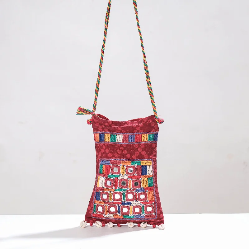 Bags With Tsa-Approved Features Red - Lambani Mirror Work Hand Embroidery Cotton Shoulder Bag