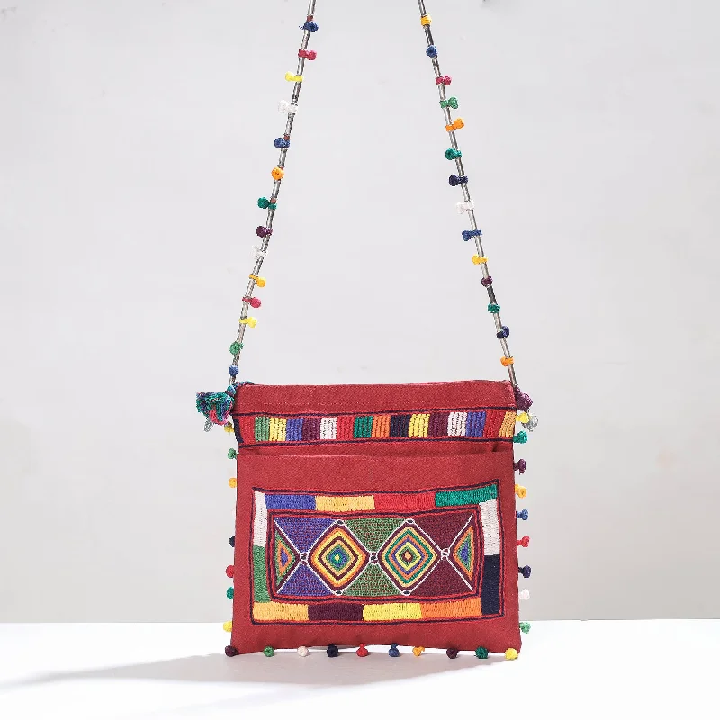 Minimalist Bags For Clean And Modern Aesthetics Red - Lambani Hand Embroidery Cotton Shoulder Bag