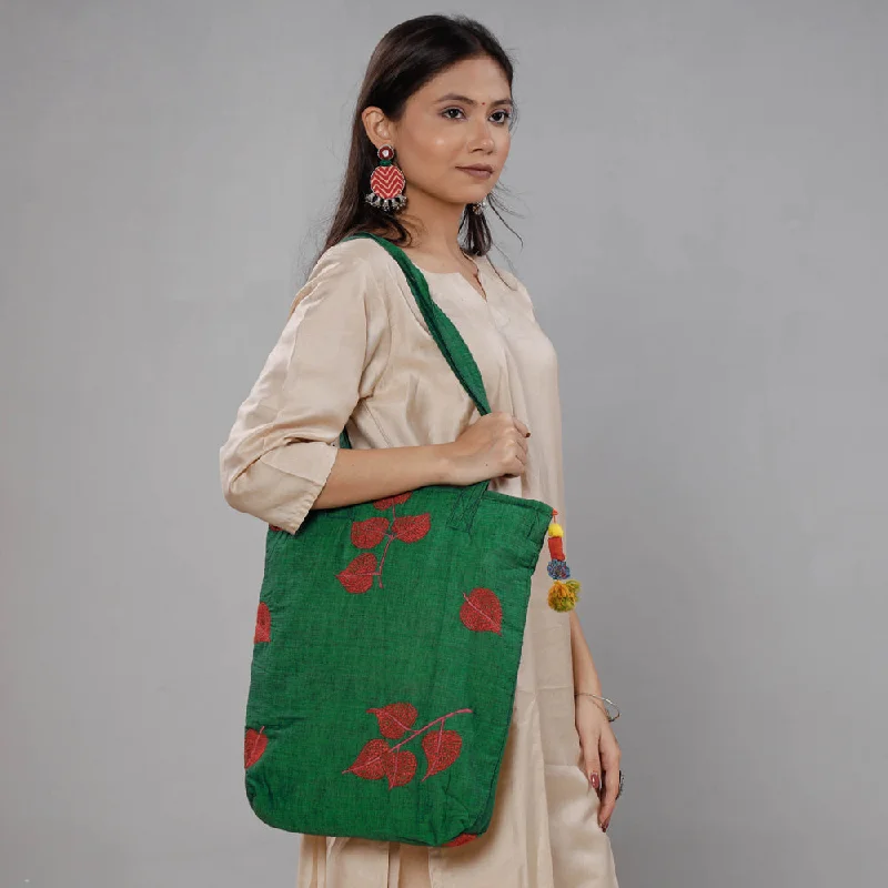Clearance Bags For Budget Shoppers Green - Chandi Maati Kantha Work Cotton Tote Bag