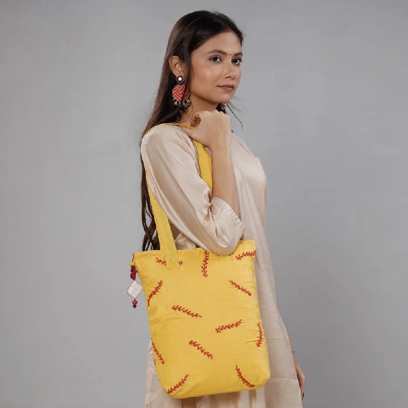 Halloween-Themed Yellow - Chandi Maati Kantha Work Silk Cotton Tote Bag