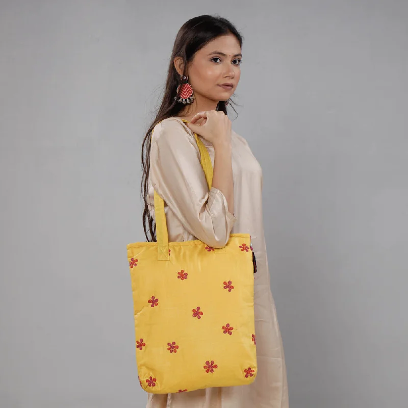 Limited-Time Offer On Trendy Bags Yellow - Chandi Maati Kantha Work Silk Cotton Tote Bag