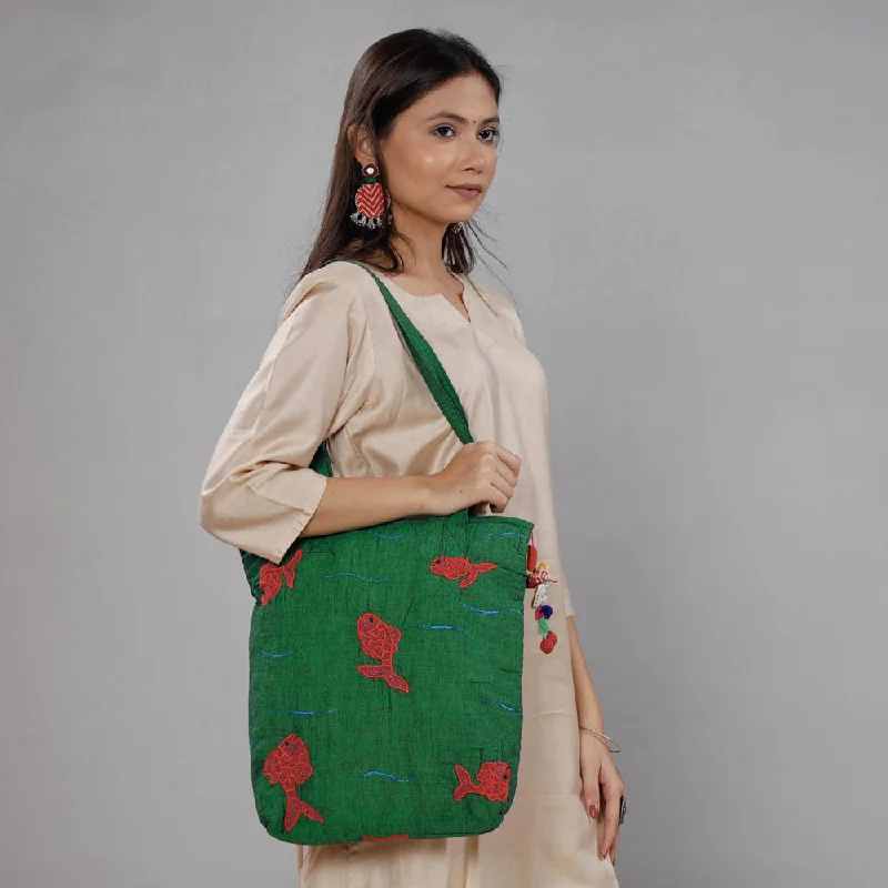 Senior Travelers Green - Chandi Maati Kantha Work Cotton Tote Bag