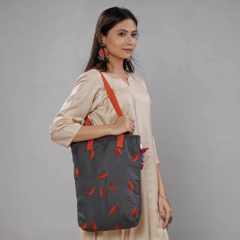 Bag For Luxury Lovers Grey - Chandi Maati Kantha Work Cotton Tote Bag