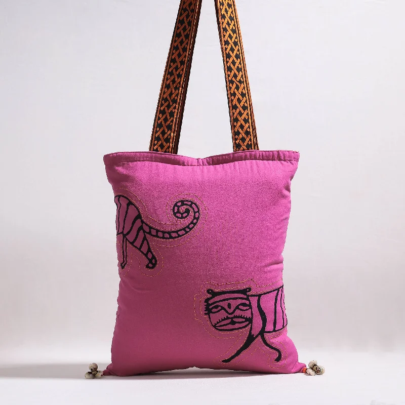 Glamorous Bags For Evening Events And Parties Pink - Kantha Work Block Print Cotton Shoulder Bag