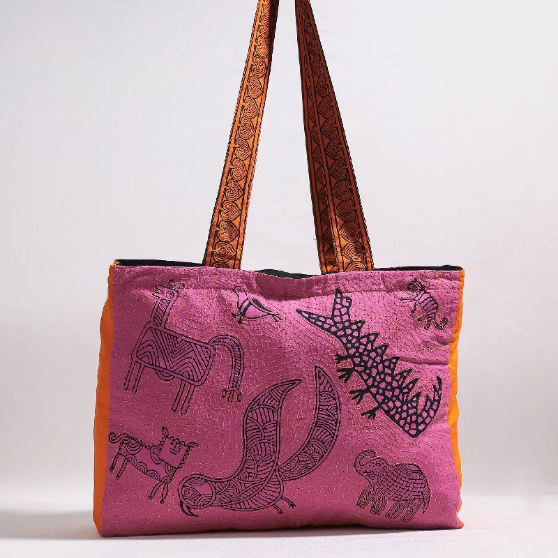 Flash Sales On Premium And High-Quality Bags Pink - Kantha Work Block Print Cotton Shoulder Bag