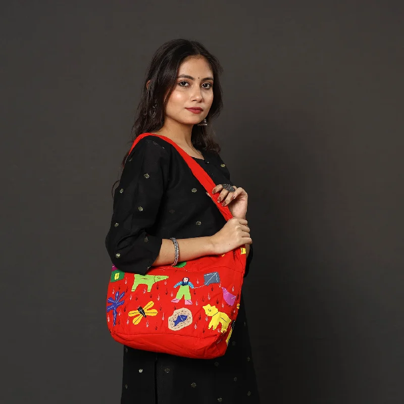 Trendy Bags For Teenage Girls Red - Pipli Applique Work Cotton Shoulder Bag