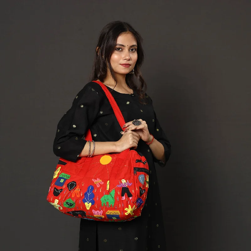 Spacious Bags With Holiday Promotions Red - Pipli Applique Work Cotton Shoulder Bag