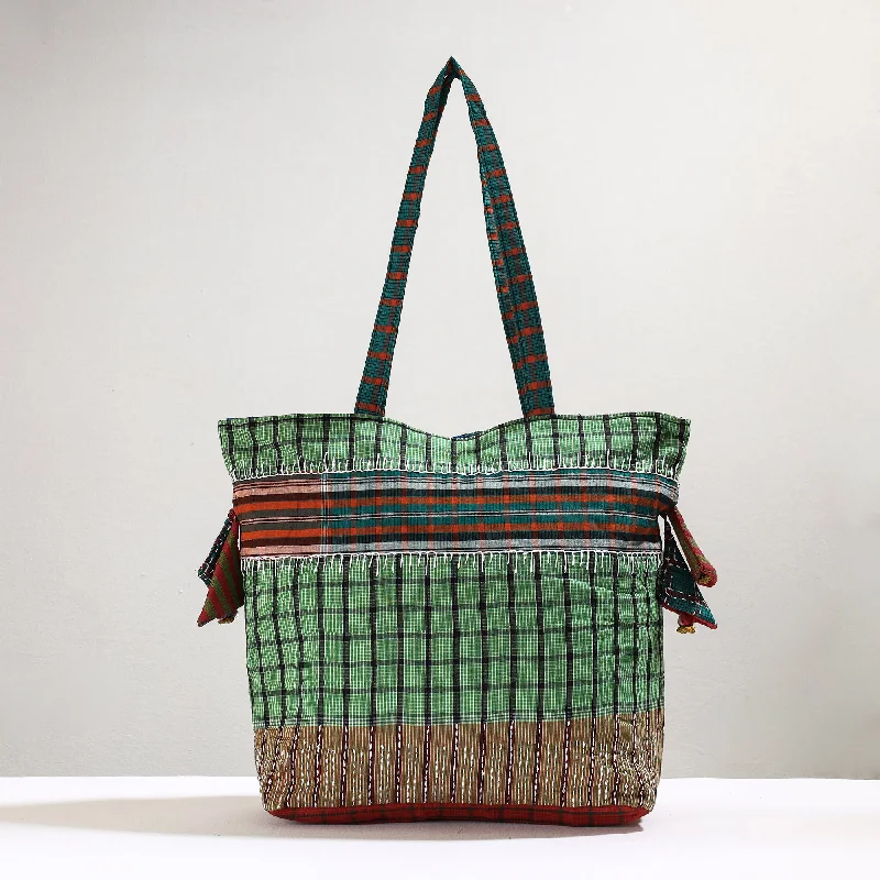 Wholesale Bags For Resellers Green - Handmade Gamcha Fabric Kantha Work Tote Bag