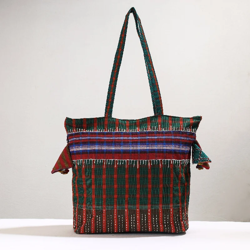 Valentine's Day Green - Handmade Gamcha Fabric Kantha Work Tote Bag