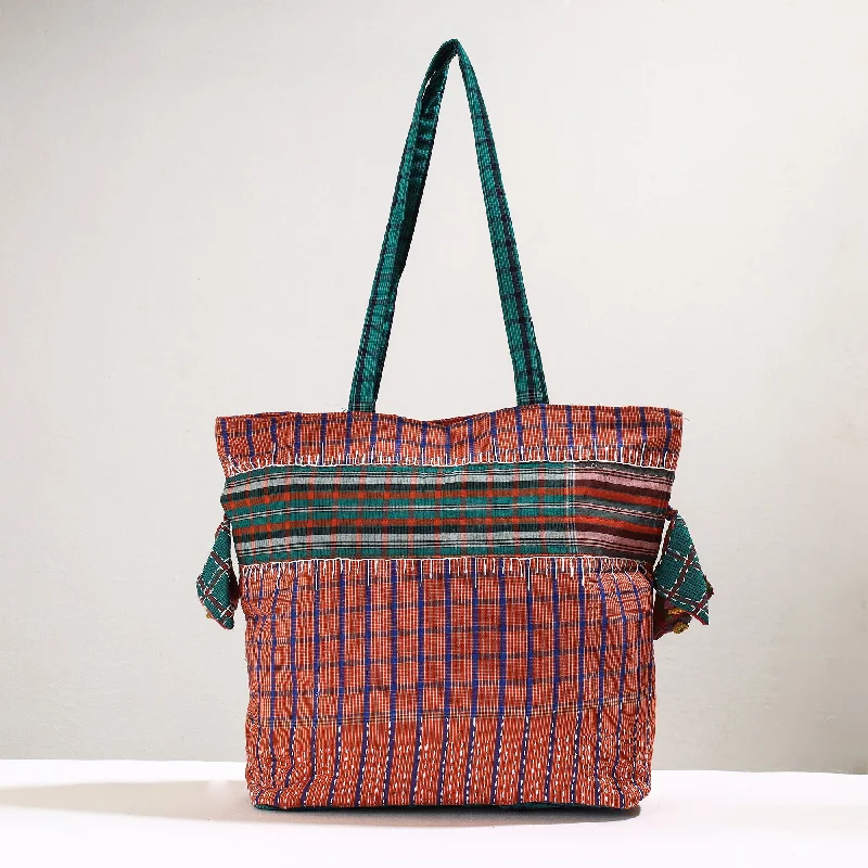 Bags For Urban And Trendy Looks Orange - Handmade Gamcha Fabric Kantha Work Tote Bag